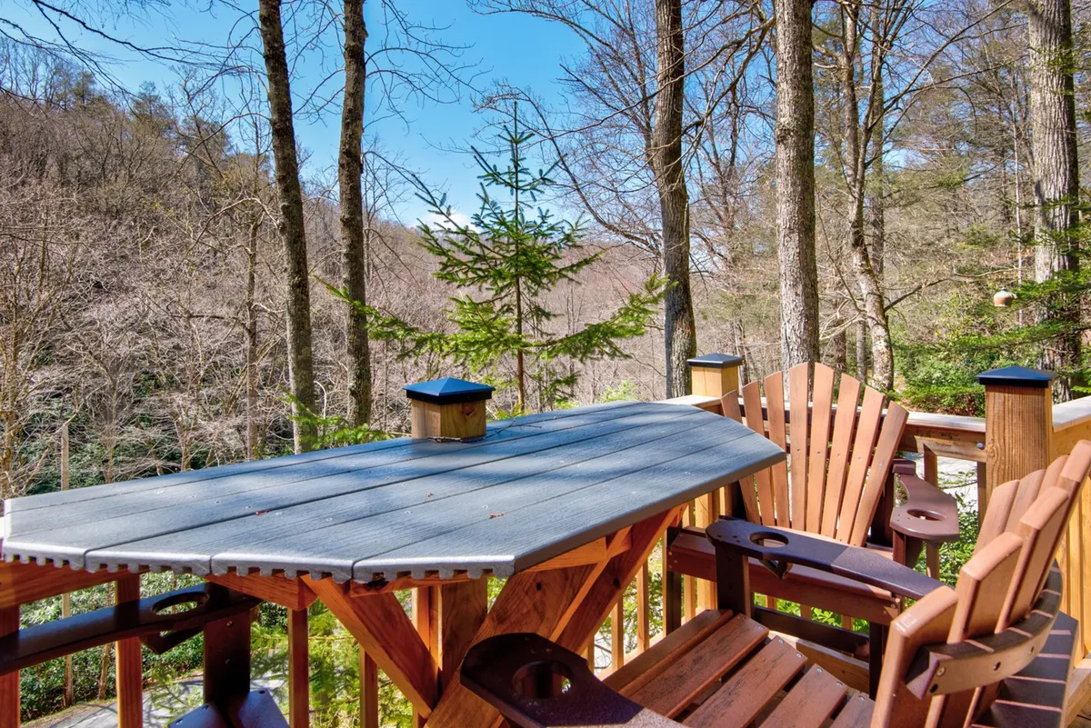 A peaceful outdoor scene featuring a wooden table, Adirondack chairs, and distant hills framed by surrounding trees. The area is perfect for outdoor dining, observing wildlife, or gathering with friends and pets, speaking to the pet-friendly, communal experience described in the section.